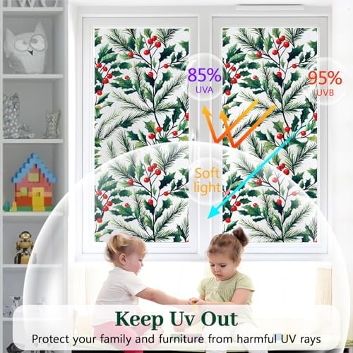 Bloss Christmas Stained Glass Window Clings,Frosted Christmas Decorative Privacy Window Film,Xmas Red Berry Designs Privacy Windows Sticker for Home/Office (17.5 x 78.7inches) - Image 5