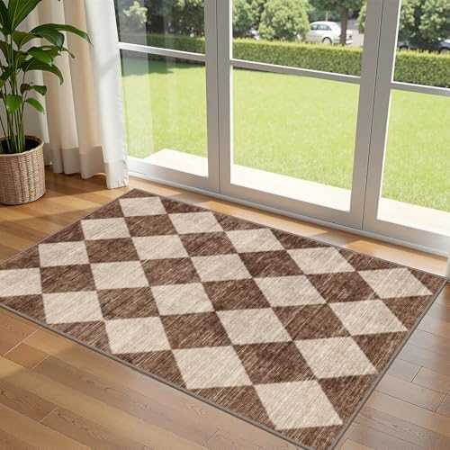 Brown Beige Checkered Entry Rug - 3x5 Non-Slip Indoor Outdoor Rugs by Othilic