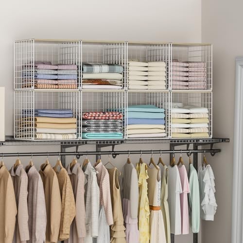 Hencawima 3PCS Stackable Closet Organizers and Storage, Closet Shelves with Wood Top Extra Storage, Clothes Storage Organizer Basket Bin/Cube for Home Wardrobe Organization(White-Sturdy Metal) - Image 5