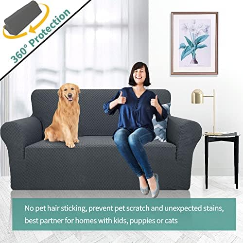 YEMYHOM Couch Cover Latest Jacquard Design High Stretch Sofa Covers for 2 Cushion Couch, Pet Dog Cat Proof Loveseat Slipcover Non Slip Magic Elastic Furniture Protector (Medium, Dark Gray) - Image 2