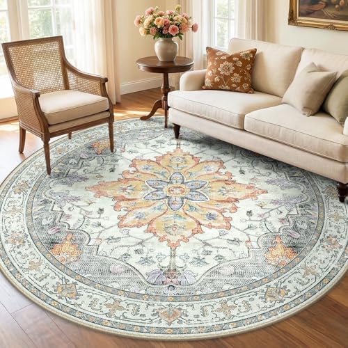 RELEANY Washable Area Rug, Round 6ft, Beige/Carbon Grey/Orange by RELEANY