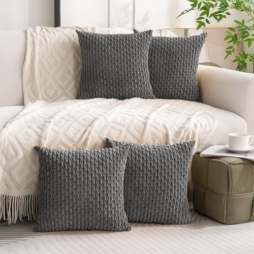 Set of 4 Dark Grey Decorative Throw Pillow Covers 16x16 Inch Corduroy Pillow Covers for Bed Couch Sofa Living Room Soft Square Cushion Cases - Image 2