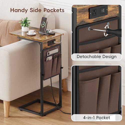 Vagusicc C Shaped End Table with Charging Station, Adjustable Height Side Table for Couch, Small Sofa Table with Storage Bag, Slide Under Sofa TV Tray Snack Arm Tables for Living Room, Bedroom, Brown - Image 6