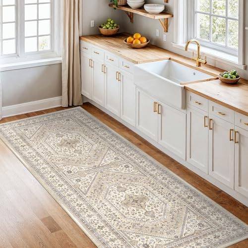 2x7 Washable Hallway Runner Rug - Non-Slip Vintage Kitchen Rugs Beige Gray - Image 3