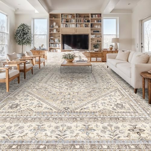 12x15 Washable Area Rug for Living Room - Non-Slip Vintage Rugs Beige Gray by Puino