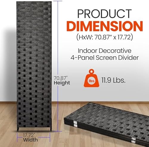 SereneLife 4-Panel Folding Room Divider, Woven Fiber Privacy Screen, Portable Partition for Room Separation, Lightweight Decorative Screen for Living Room, Office, Porch, and Dressing Area, 71” x 18” - Image 2