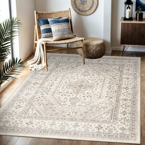 5x5 Square Washable Area Rug - Non-Slip Vintage Living Room Rugs Beige Gray - Image 4