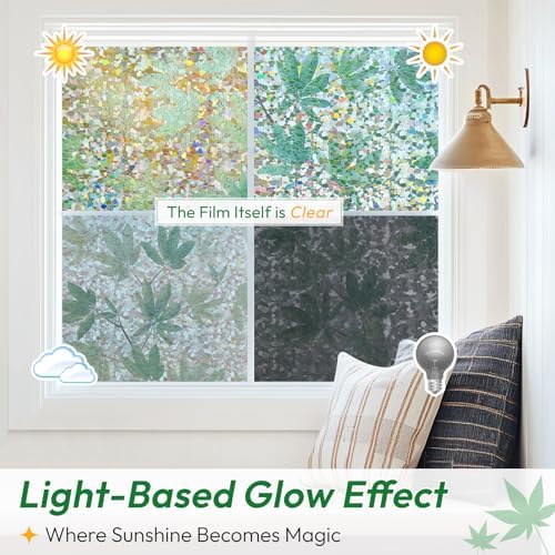 rabbitgoo Rainbow Window Privacy Film Decorative Stained Glass Diamond Pattern Window Sticker with Iridescent Tint Non-Adhesive Static Cling for Home Office Bathroom, Green Leaf 23.6 x 78.7 inch - Image 5