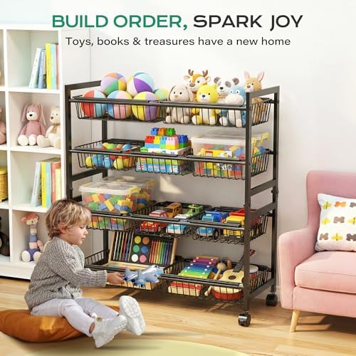 Cinati 4-Tier Snack Cart with Wheels, 29''W Toy Storage Organizer, Rolling Pantry Storage Cart with 10 Wire Baskets & Handle,Adjustable Metal Snack Rack, Kitchen Organizer for Fruit, Vegetables(Black) - Image 2