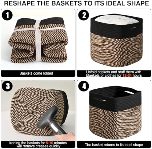 ICERZCZ 11 Inch Cube Storage Bins, Storage Cube Organizer Bins, Woven Cotton Rope Baskets for Storage, Storage Basket for Organizing Shelves, Square Baskets for Toys Nursery, Black & Jute (Pack of 3) - Image 7