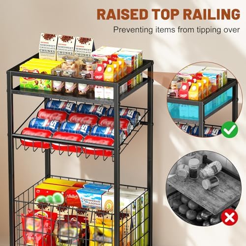 Fruit Vegetable Cart, 3-Tier Snack Cart on Wheels & Wood Top, Black - Image 4