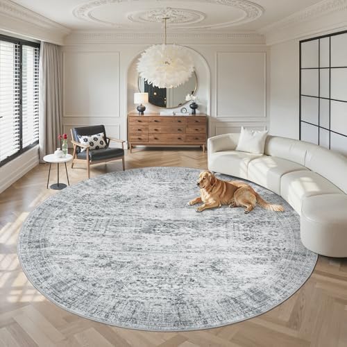 Soalmost Round Rugs 9ft Living Room Circle Area Rug 9x9 Grey Vintage by Soalmost