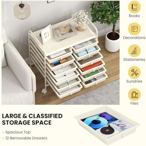 Giantex 12 Drawers Rolling Cart, Mobile Storage Drawer Cart, Classroom Organizer Cart for Office School Supplies Tools Scrapbook Paper Craft Small Printer, Utility Cart on Wheels, White - Image 7