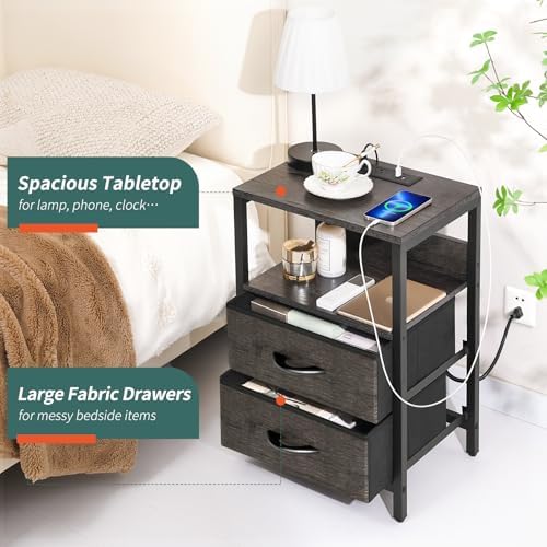 Yoobure Nightstand with Charging Station, Small Night Stand with Fabric Drawers and Storage Shelf for Bedrooms, Nightstands for Small Spaces, Bedside Table with USB Ports & Outlets, Bed Side Table - Image 6