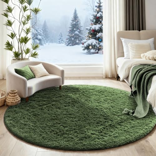 Ophanie Round Rug 5Ft Grey Green Circle Area Rug, Grayish Green Room Decor, Fluffy Fuzzy Bedroom Carpet,Plush Soft Shaggy Living Room Rugs for Kids Home Aesthetic,Nursery with Over 99 pcs Pile fibers - Image 5