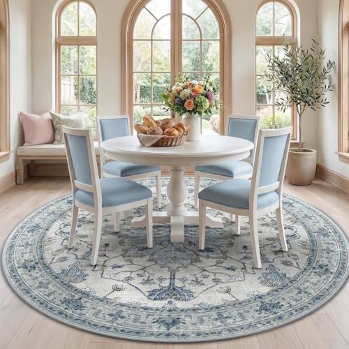 RELEANY Washable Area Rug, Round 7ft, Blue/White/Gray by RELEANY