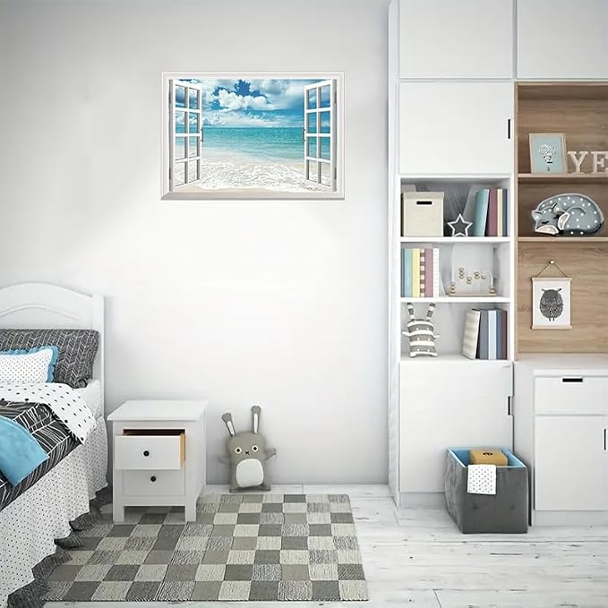 ‌Lmyhome Fake Window Wall Mural White Beach (16"x24") | Peel and Stick Faux Window Wall Sticker Decal Poster for Bedroom Home Decor - Image 5