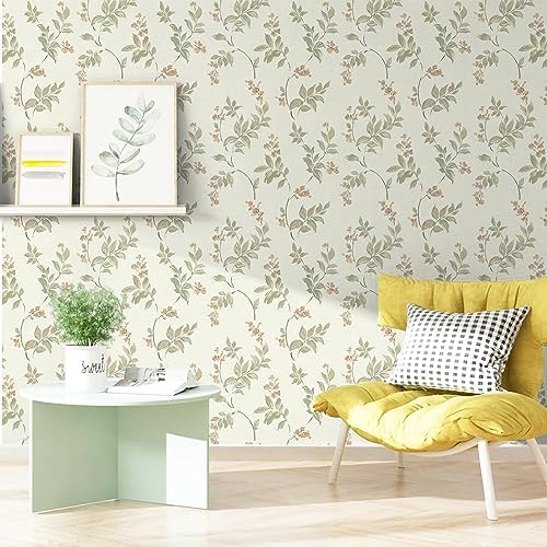 Vinjiasin Peel and Stick Wallpaper Beige Floral Contact Paper Vintage Flower Leaf Self Adhesive Removable Wall Paper for Bathroom Bedroom Livingroom 16.1"x 118" - Image 4