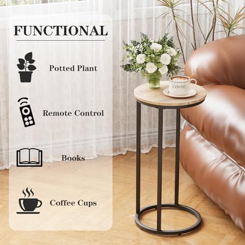 C Shaped end Table, Round Side Table for Couch, Small Snack Sofa Table with Metal Frame for TV Tray, Bedroom, Living Room, Bedside (Oak) - Image 5