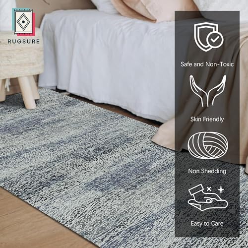 RUGSURE Washable Area Rug - 1/6 Thick - Stain & Water Resistant Non-Slip - Resistant Rug for Living Room, Bedroom, Nursery, Pet & Child Friendly, Vintage Charm Area Rugs (Grey+LightTeal, 2'6'' x 8') - Image 2