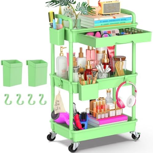 Goovilla 3 Tier Rolling Utility Cart Organizer with Removable Drawer, Green by Goovilla