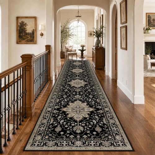 RELEANY Washable Area Rug, Runner 3'x12', Black/Neutral by RELEANY