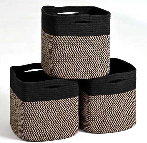 ICERZCZ 11 Inch Cube Storage Bins, Storage Cube Organizer Bins, Woven Cotton Rope Baskets for Storage, Storage Basket for Organizing Shelves, Square Baskets for Toys Nursery, Black & Jute (Pack of 3) by ICERZCZ
