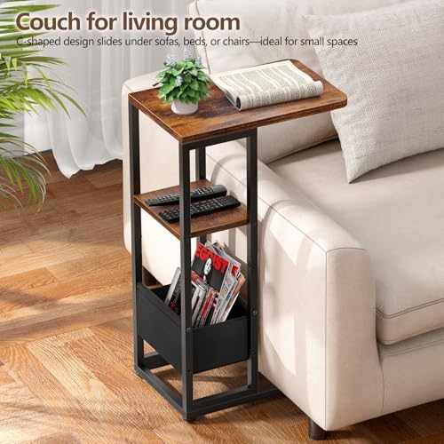 C Shaped End Table, Small Side Table for Couch, Recliner, Slide Under Sofa Tray Desk Snack Tables with Storage Bag for Living Room,Bedroom, Small Spaces - Rustic Brown - Image 4