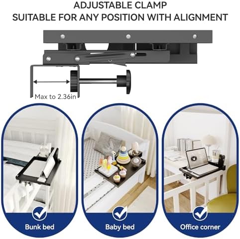 Metal Bedside Shelf Table Tray with Cup Holder, Foldable Bed Side Table for Bunk Bed & Top Bunk, College Dorm Room Essentials for Guys & Girls, Clip-on Laptop Nightstand for IKEA Beds, Black - Image 4