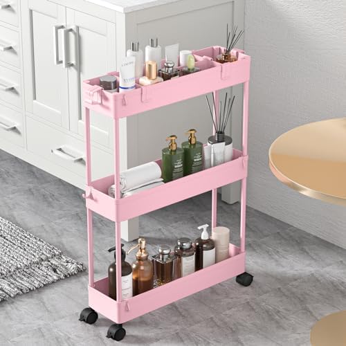 SPACELEAD Slim Storage Cart 3 Tier,Bathroom Organizer Rolling Utility,Mobile Shelving Unit Slide Out for Office, Kitchen, Laundry Room & Narrow Places,Pink by Home
