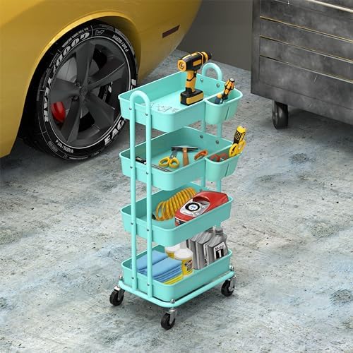 Simple Houseware 4-Tier Rolling Utility Cart with Hanging Bucket, Turquoise - Image 7
