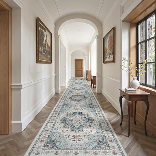 Madane Hallway Runner Rug 3x20 Washable Kitchen Runners 20ft, Blue by Madane