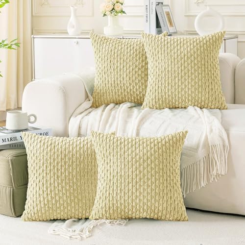 Set of 4 Pale Yellow Decorative Throw Pillow Covers 22x22 Inch Corduroy Pillow Covers for Bed Couch Sofa Living Room Soft Square Cushion Cases by Cozoomy