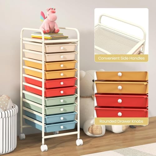 10-Drawer Rolling Storage Cart, Trolley w/Lockable 360° Wheels, 10 Removable PP Drawers, Sturdy Metal Frame, Rolling Utility Cart Perfect for Home, Office, Classroom (Macaron) - Image 6
