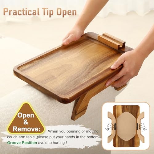 SINWANT Couch Arm Tray, Acacia Wood Sofa Arm Rest Table Clip on Wide Armrest,Folding Anti Slip Couch Armrest Table with 360° Rotating Phone Holder for Snacks,Drinks,Remotes - Image 5