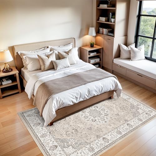 5x7 Living Room Area Rugs: Washable Non-Slip Stain Resistant Rug for Bedroom Dining Room Vintage Ultra Soft Indoor Carpet for Nursery Kitchen Farmhouse Thin Floor Mat for Home Office (5x7 Beige) - Image 3