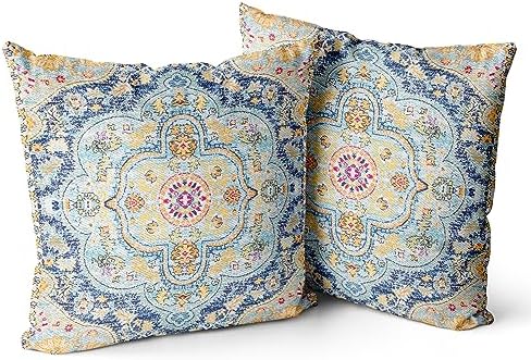 Snycler Boho Throw Pillow Covers 16x16 inch Set of 2 Burnt Blue Yellow Terracotta Rust Colored Throw Pillows Boho Home Decor for Bedroom Living Room Couch & Sofa (No Inserts) by Snycler
