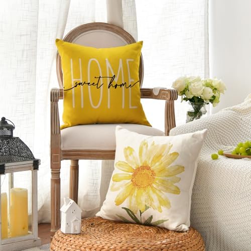 AVOIN colorlife Home Sweet Home Spring Summer Flowers Yellow Throw Pillow Covers, 16 x 16 Inch Cushion Case for Sofa Couch Set of 4 - Image 3
