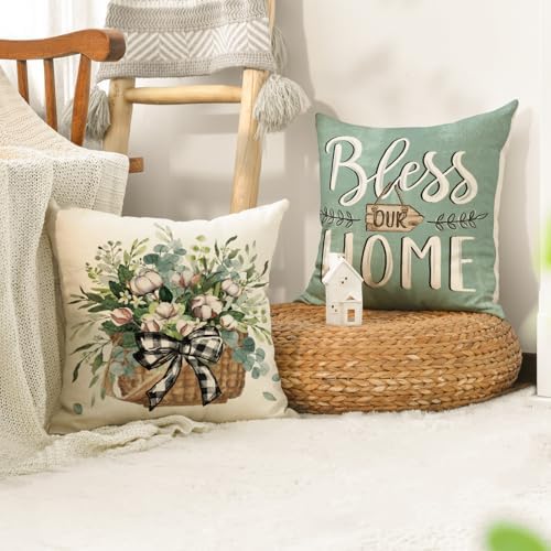 AVOIN colorlife Bless Our Home Farmhouse Eucalyptus Leaves Throw Pillow Covers, 18 x 18 Inch Truck Home Sweet Cushion Case Decorations Set of 4 - Image 5
