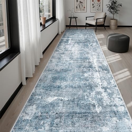 Soalmost Abstract Runner Rug 3x10 Hallway Kitchen Rugs Non-Slip, Blue/Grey - Image 4