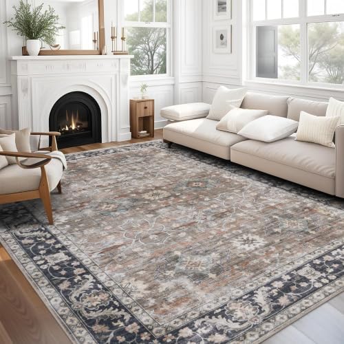 ReaLife Machine Washable Area Rug - Living Room Bedroom Bathroom Kitchen Entryway Office - Padded Low Pile Stain Resistant Premium - Boho Farmhouse Vintage - BEV - Beige Tan Brown 7'6" x 9'6" by ReaLifeRugs