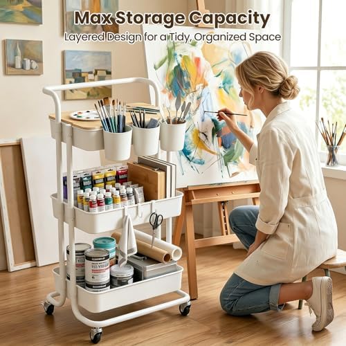 3 Tier Rolling Cart with Table Top, Utility Cart with Lockable Wheel - Image 5