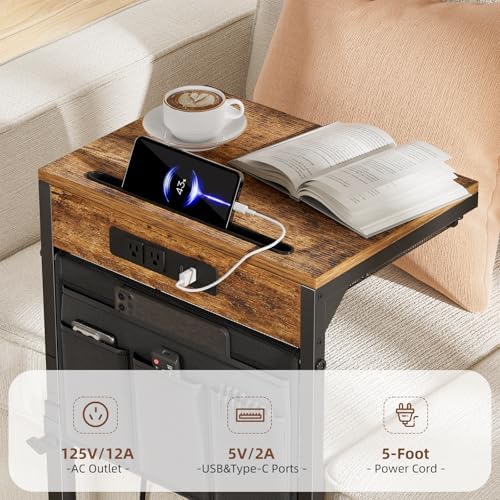 Simple Trending Side Table, C Shaped End Table with Charging Station, Couch Table with Storage Bag, Adjustable Height, Rustic Brown - Image 6