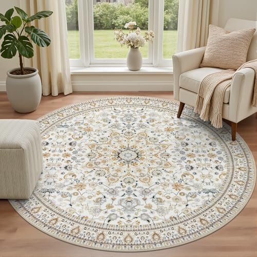Round Area Rug for Living Room: 8ft Washable Rug for Bedroom Beige - Image 2