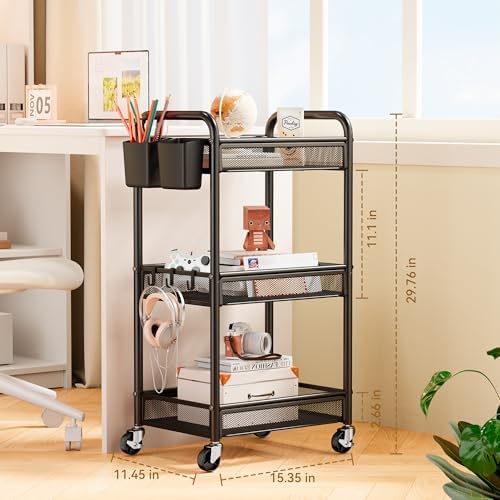 YASONIC 3 Tier Metal Rolling Cart, Black Utility Storage Cart with Wheels - Image 6