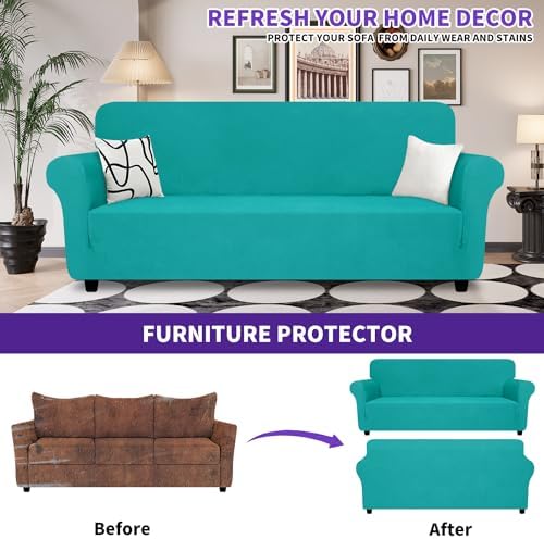 ZNSAYOTX Oversized Super Stretch Couch Cover (92"-115"), New Striped Sofa Covers Comfortable & Durable, Dog Cat Pets Friendly Extra Large Spandex Sofa Slipcovers (XL Sofa, Peacock Teal) - Image 3