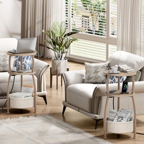 Side Table with Charging Station, Small Round End Table with Basket - Image 6