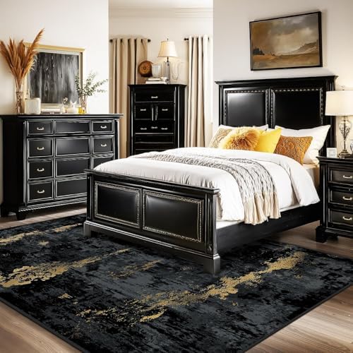 RELEANY Washable 7'x10' Abstract Area Rug for Living Room Black Gold - Image 2