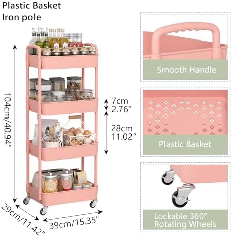 Sywhitta 4-Tier Plastic Rolling Utility Cart with Wheels for Storage, Pink - Image 2