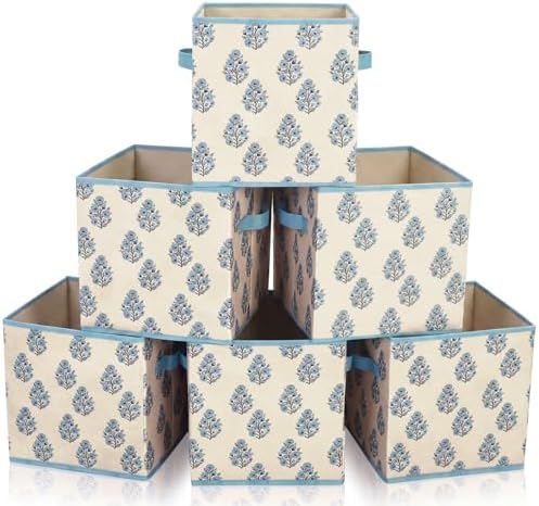 Bokon 6 Pcs 11'' Blue Block Print Storage Cubes Floral Cube Storage Bins by Bokon